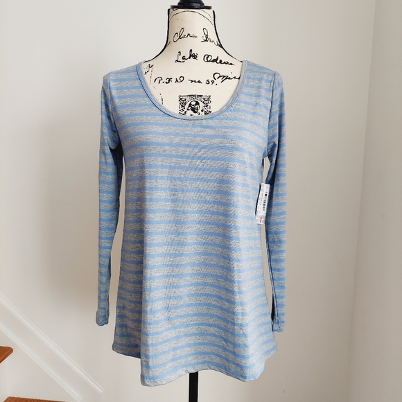 NWT LulaRoe Lynnae Gray Blue Striped Tunic Top Long Sleeve S - Picture 1 of 7